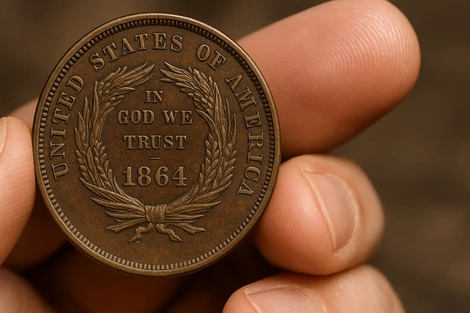 a rare 1864 Small Motto coin next to a collector’s hand
