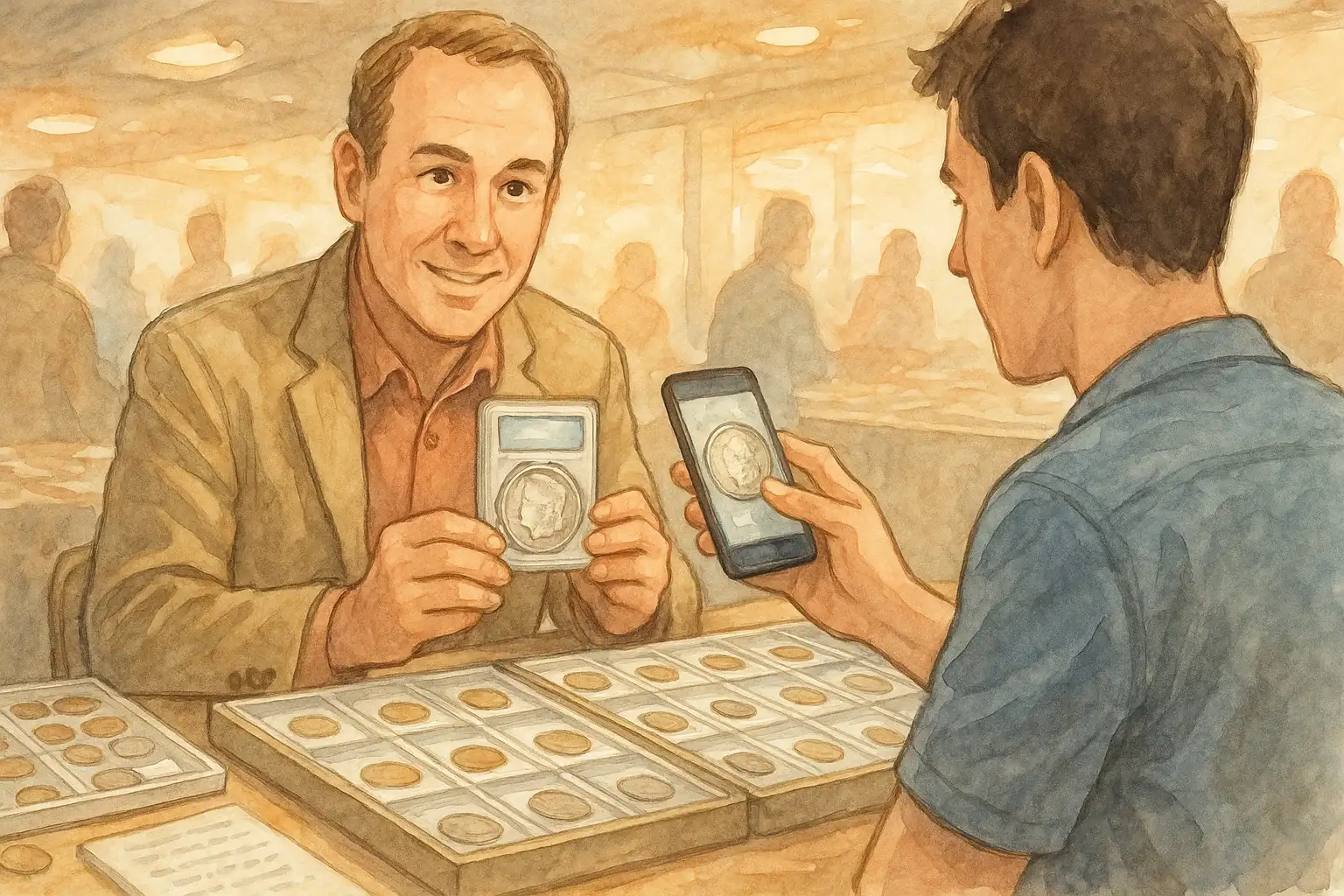 A collector checks a coin via the numismatic app at the coin show, a dealer smiles at the client.