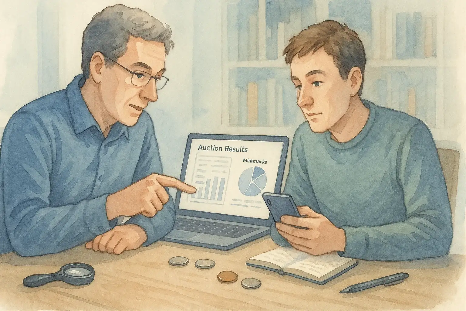 Two collectors review results of the auction shown on the screen.